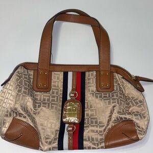 Tommy Hilfiger Tan and Brown Satchel with Red and Blue Stripes